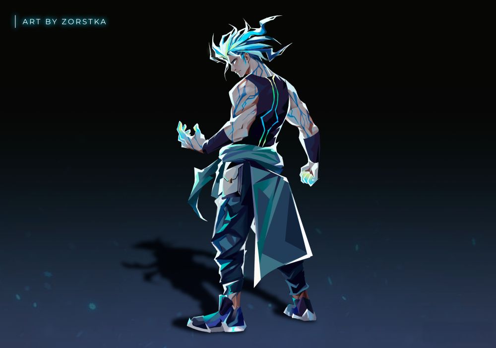 A detailed original digital artwork by ZORSTKA, presenting a male character from my Dungeons and Dragons campaign. The character is viewed from behind, highlighting his athletic build. His spiky blue hair and the elaborate tribal patterns on his skin glow intensely. Both of his hands are imbued with luminous blue energy, indicating the active use of a magical power. He wears dark, functional attire complemented by sharp, angular blue elements