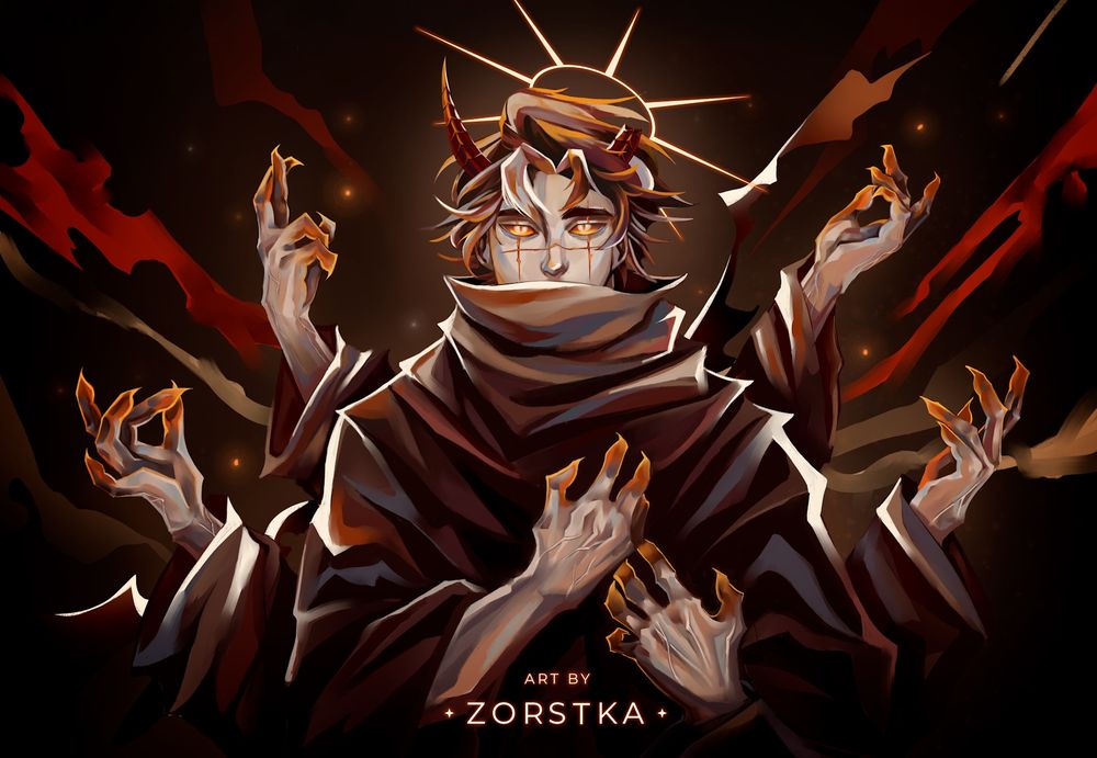 Digital illustration of a mysterious, demonic-looking character with pale skin, glowing orange eyes, and streaks of blood or makeup running down their face like tears. They have two small red horns and glowing orange lines forming a radiant halo behind their head. The character wears a dark, voluminous cloak and has six arms, each posed in a meditative or mystical gesture. The background features swirling shadows and warm orange-red light effects, creating a dramatic and intense atmosphere. At the bottom, the text reads "ART BY ZORSTKA" in stylized font.