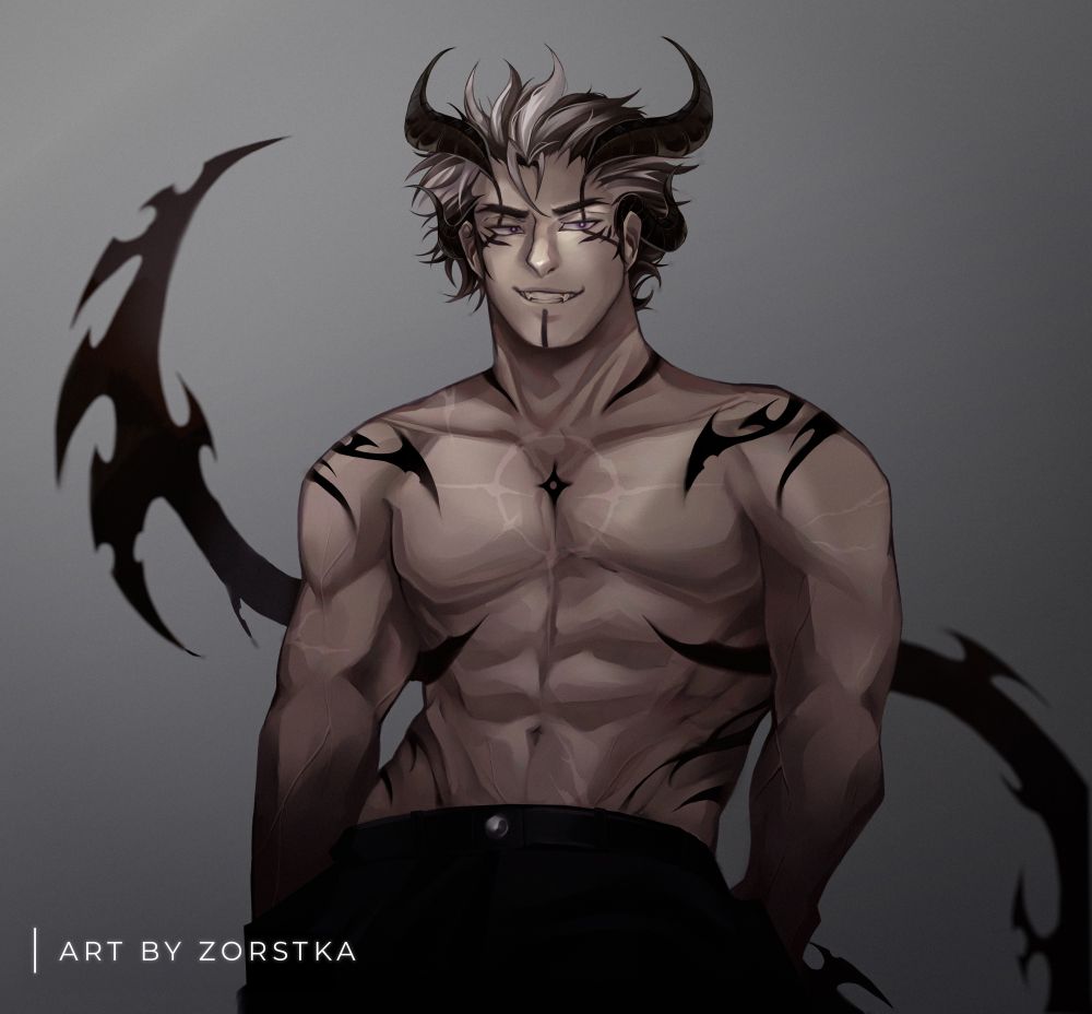 A detailed digital painting by ZORSTKA featuring a male demon character. The artwork highlights his toned physique and the elaborate black tattoos that cover his skin. He has dark hair with contrasting white streaks, curved horns, and a confident smile. The character's long, stylized black tail flows dramatically, and the overall piece is rendered with a smooth, gradient background.
