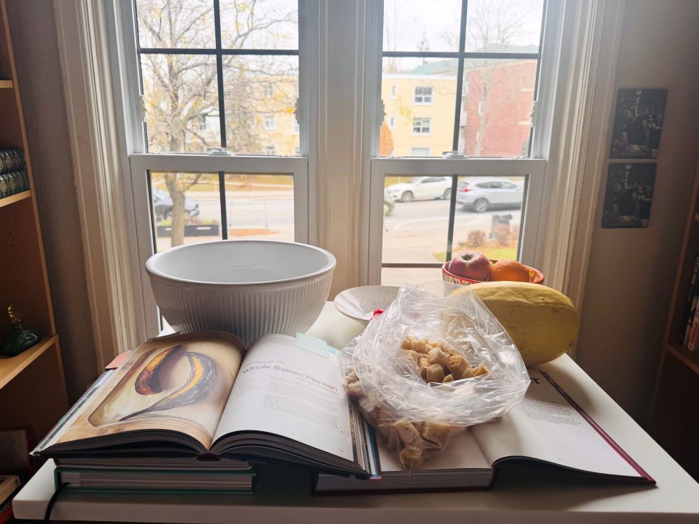 A kitchen table — where all my plans land. New cookbooks open to recipes, sourdough croutons waiting for butter, seasoning, and a bake. A spaghetti squash reminding me to make the damn sauce.