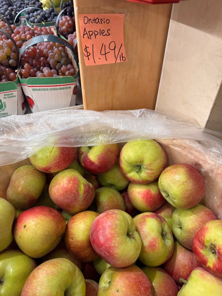 A plastic-lined bushel basket of apples with baskets of grapes in the background.