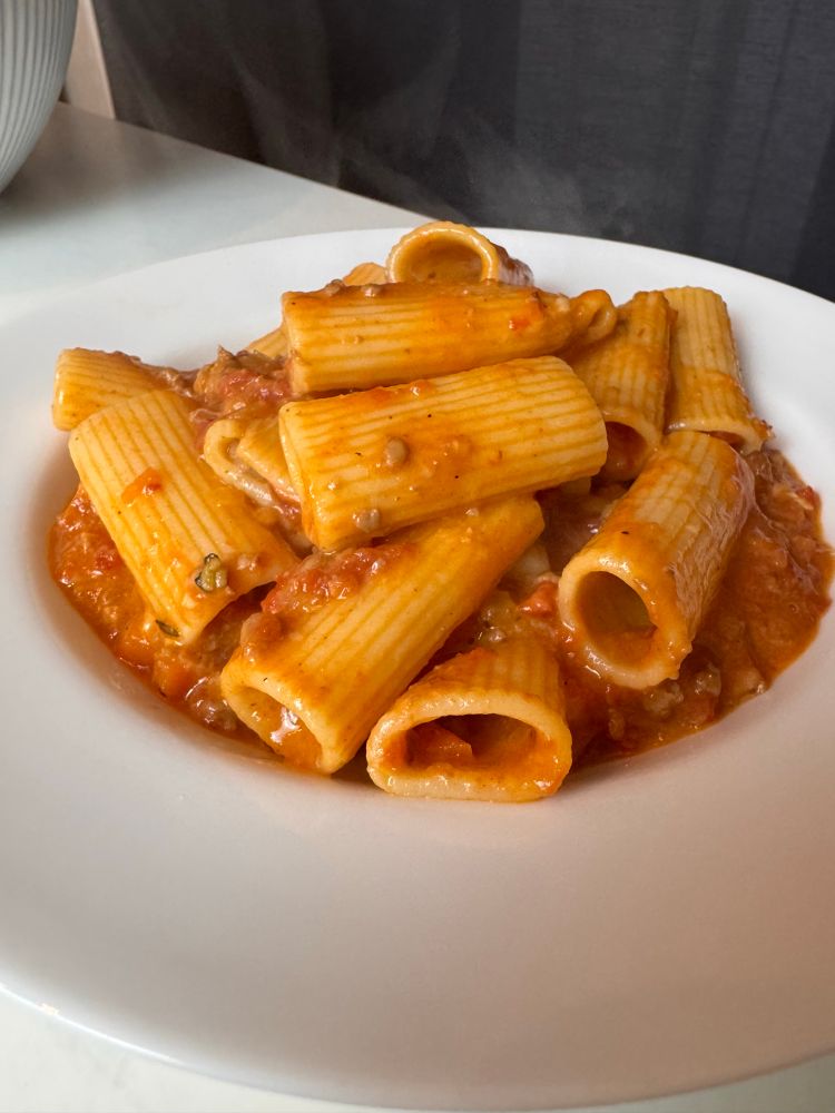 Ribbed, fat, tubular pasta (rigatoni) tossed with a meat sauce.