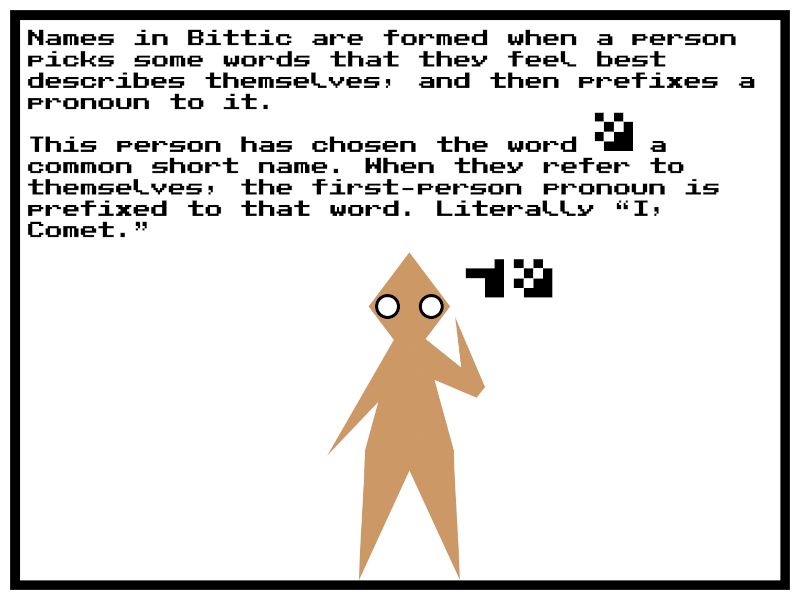 The same person is now pointing to themselves and is stating their name. The text above them reads...

"Names in Bittic are formed when a person picks some words that they feel best describes themselves, and then prefixes a pronoun to it.

This person has chosen the word  [Comet]  a common short name. When they refer to themselves, the first-person pronoun is prefixed to that word. Literally “I, Comet.”"