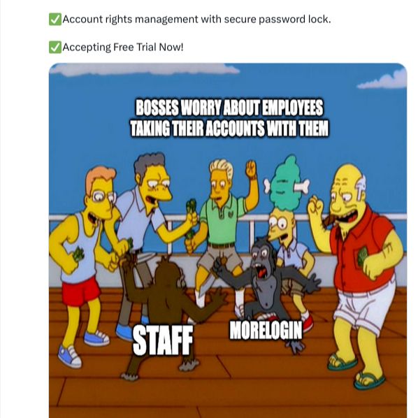 ad for some bullshit boss software featuring a Simpsons frame with rich assholes labeled "bosses" watching monkeys labeled "staff" and "morelogin" fight with knives