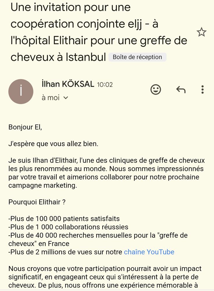 Mail : Une invitation pour une coopération conjointe eljj - à l'hôpital Elithair pour une greffe de cheveux à Istanbul