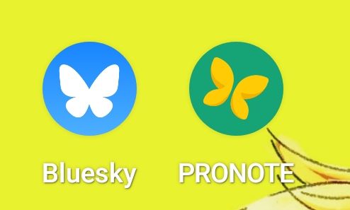Screen de la page d'accueil d'un téléphone qui montre côte à côte l'application Bluesky (en bleu) et l'application Pronote (en vert) qui partagent le même goût pour les papillons.
