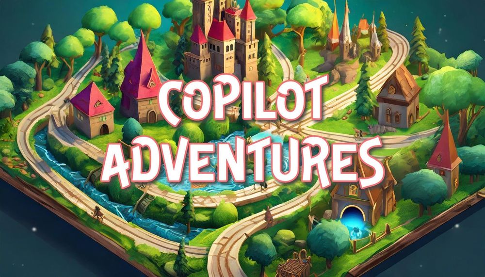 Copilot Adventures image with a mythical scene and castle in the background.