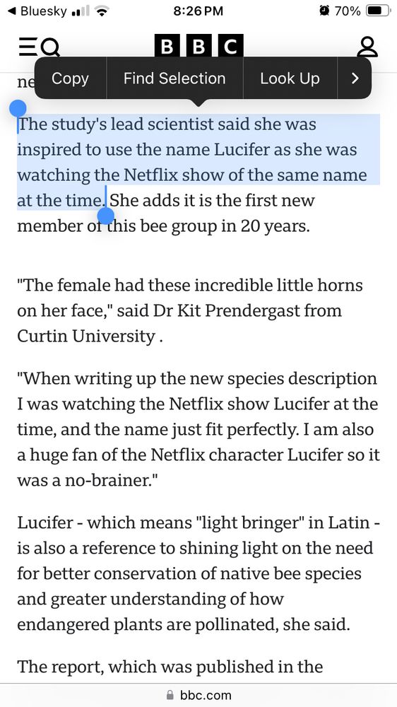Screenshot from article. Highlighted text: “The study's lead scientist said she was inspired to use the name Lucifer as she was watching the Netflix show of the same name at the time.”