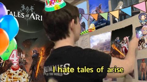 person declaring "I hate tales of arise" while putting up tales of arise posters, also theres birthday decor