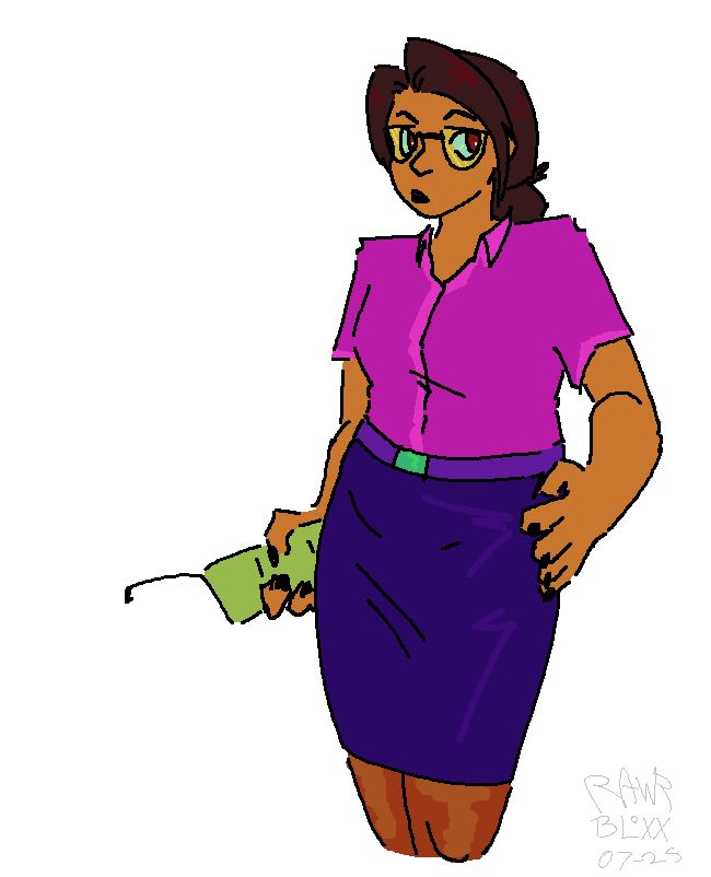 MS Paint drawing of Miss Pauling, with a hand on her hip, and a phone in her other hand.