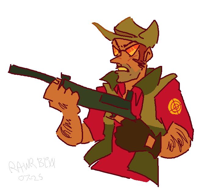 MS Paint drawing of RED Sniper holding his rifle and scowling. He's drawn in a very cartoony style.