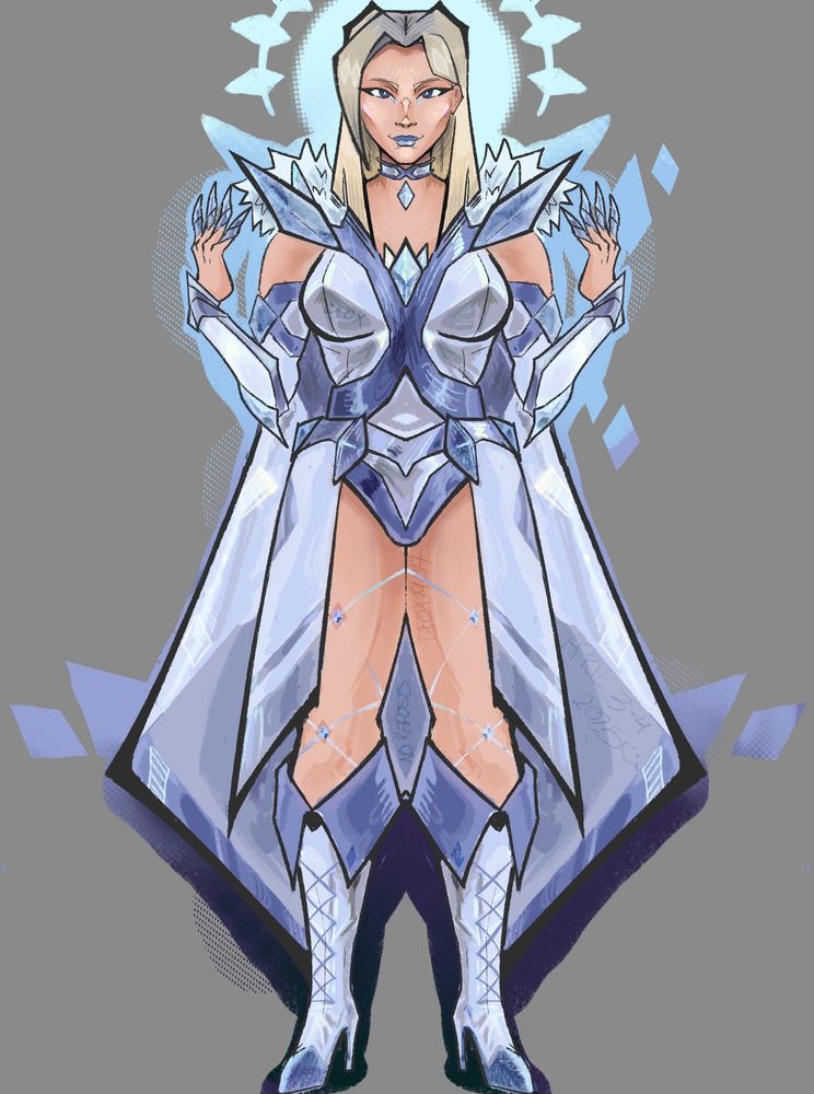 Emma frost from marvel rivals but with a design change that has more white, silver, and purple as opposed to the white and blue from the model in the game. It has more metal and more of a diamond shape motif than the original design for marvel rivals. This drawing was made in procreate