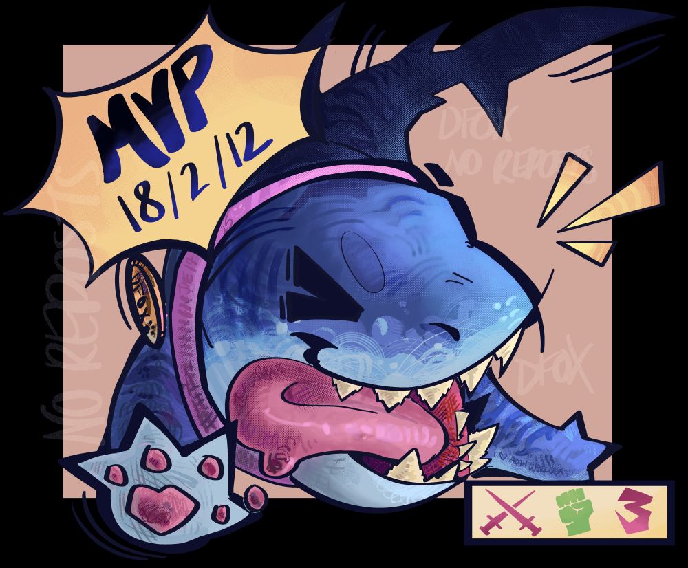 Jeff the land shark from the hit game Marvel Rivals being Joyus and whimsical with MVP