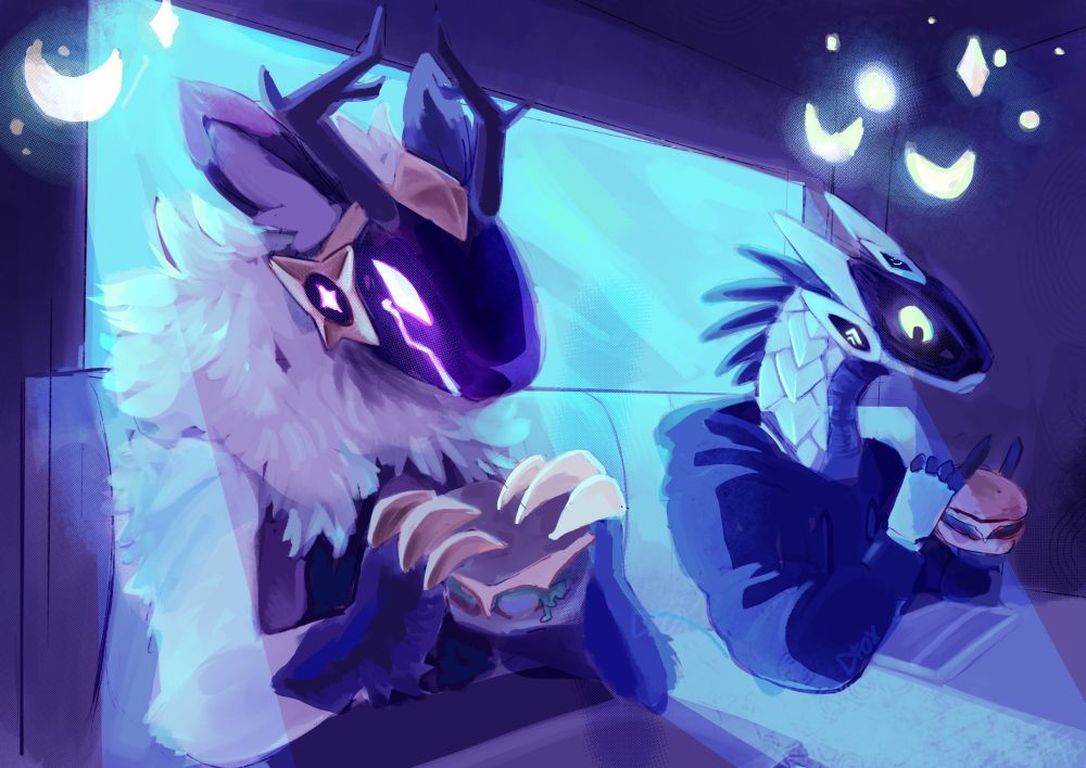 Two robot furries eating burgers, one has antlers and the other looks more like a synth and is more reptilian looking
