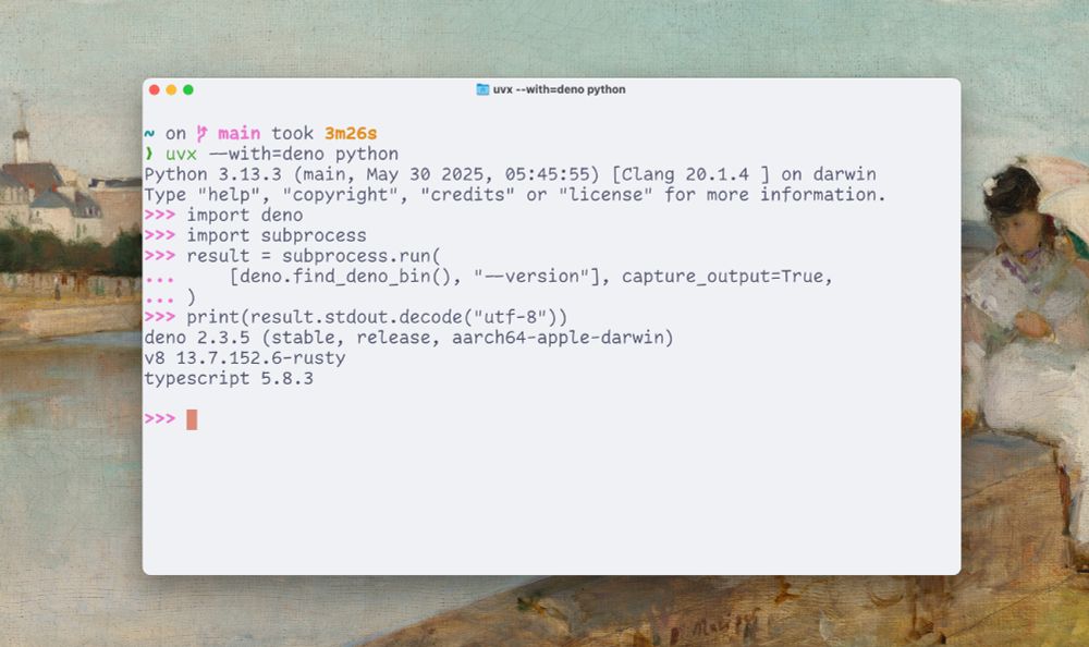 Terminal window showing `uvx --with=deno python`, invoking the Deno CLI as a Python package within the Python REPL.