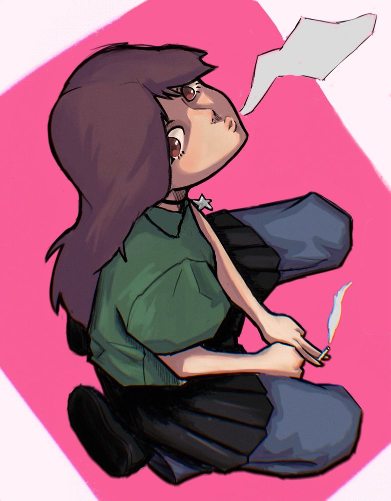 Drawing of my OC Diane on her knees smoking a cigarette. She is wearing a black skirt on top of jeans and a dark green button up t-shirt.