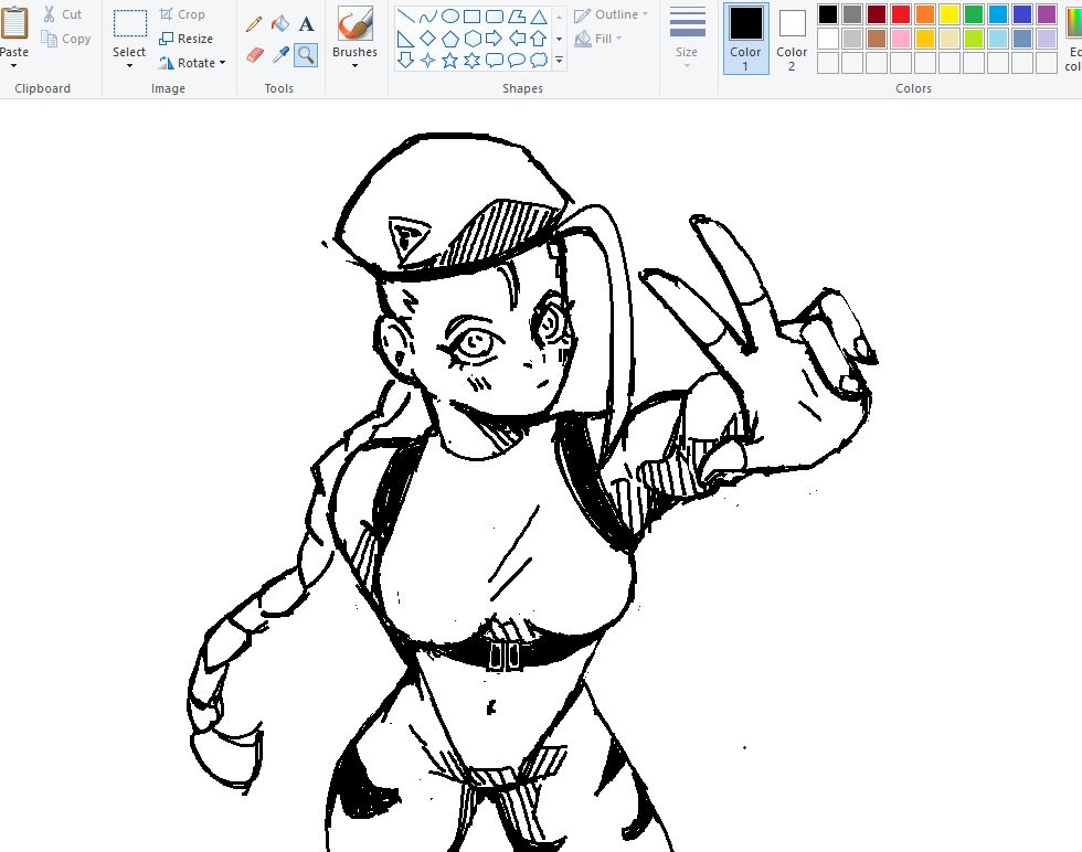 ms paint drawing of Cammy from streetfighter. its from an upward angle and she is holding up her hand with three fingers up