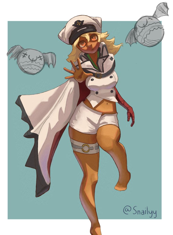 digital art of the character Ramlethal from guilty gear. She on a blueish green background and is holding her hand towards the viewer.