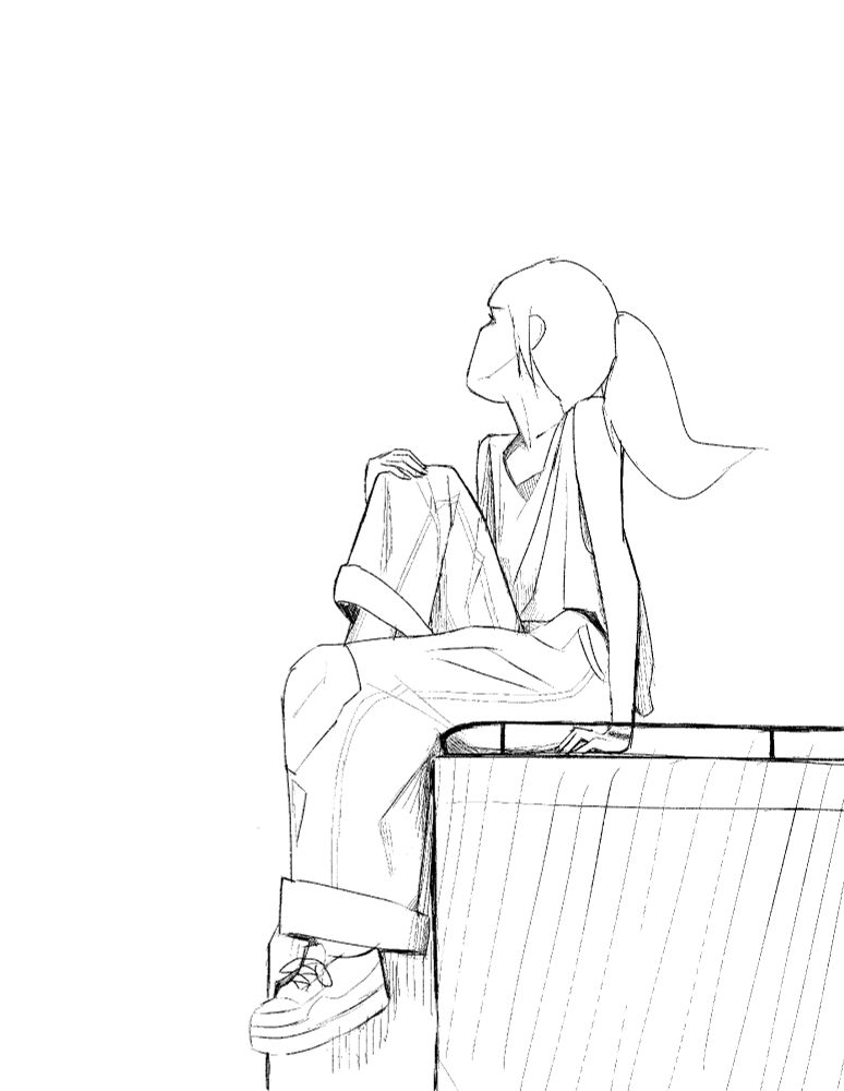 Sketch of a woman sitting on the edge of a building looking towards the sky