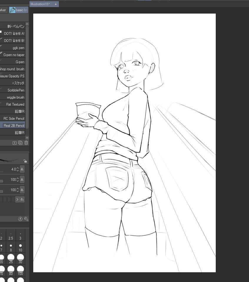 sketch of a woman on an escalator, slightly turning back towards the viewer. she is wearing jean shorts and a sweater, while holding a bag of candy in her hand.