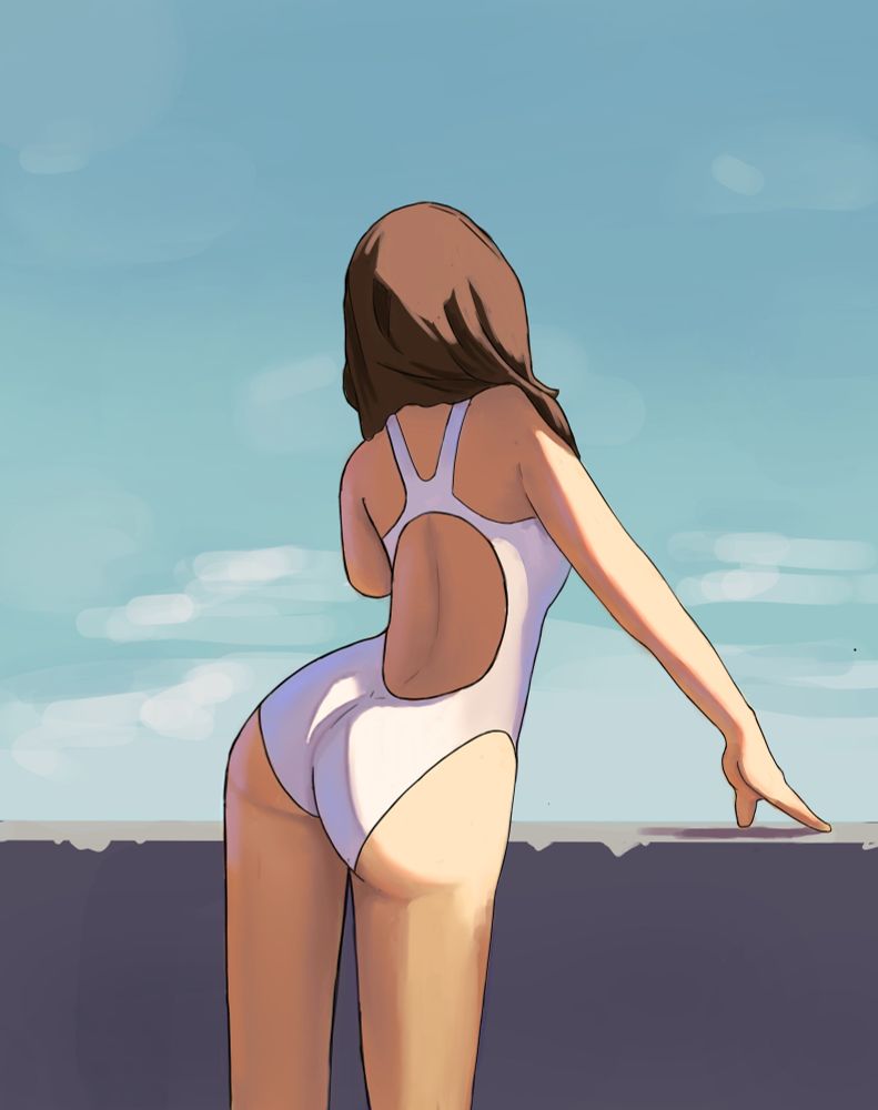 Digital art of a woman with her hand on a stone fence, looking toward the ocean with her back towards the viewer. She has brown hair and is wearing a bathing suit.