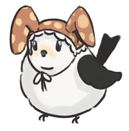 Cute chubby black and white bird wearing an orange bunny hat with yellow polka dots