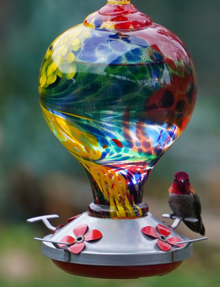 Hummingbird on brightly-colored glass feeder.
