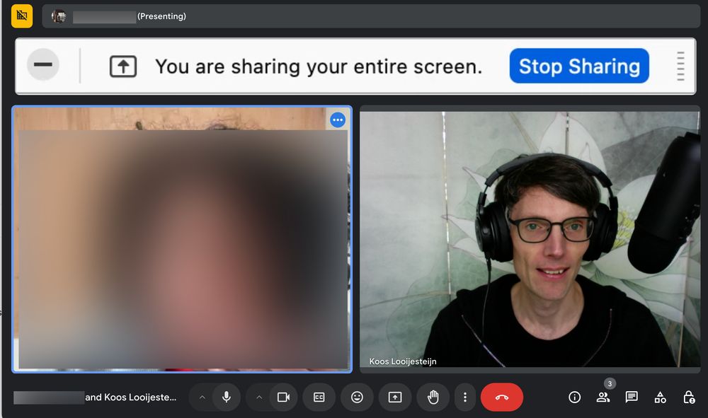 A Google Meet window showing a blurred out participant, myself and a screen being shared. On the screen, there's little more than the sentence "You are sharing your entire screen."