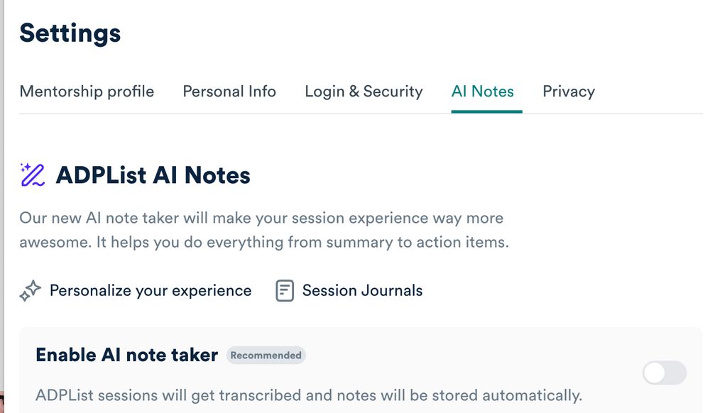 Settings screen with 'Enable AI note taker' turned off