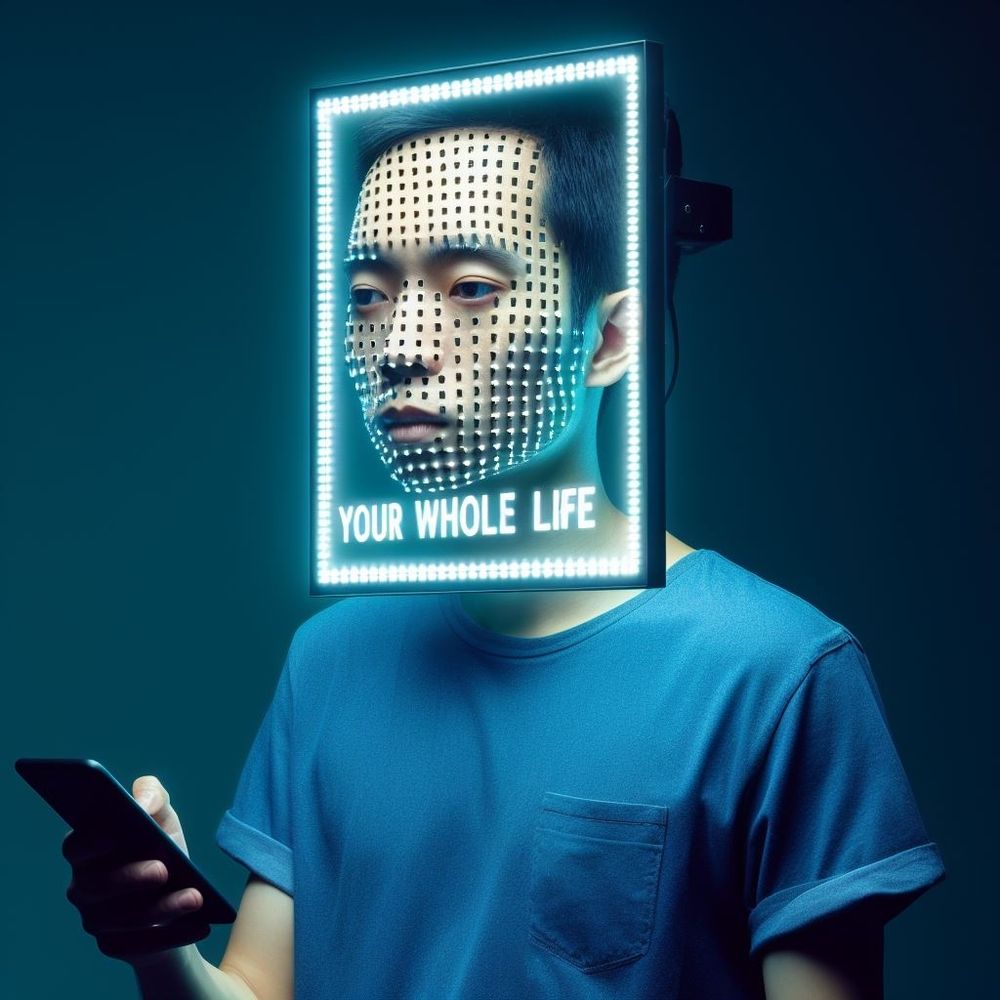 !B Bild von Mann mit Monitor als Kopf mit Gesichtserkennung hält Smartphone, Text auf Monitor: "Your Whole Life"