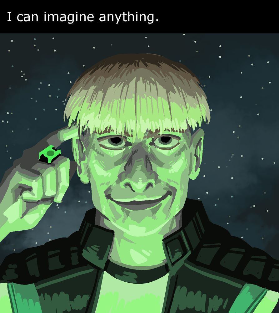 Guy Gardner as he appears in the 2025 Superman movie redrawn as the "I can imagine anything" meme.