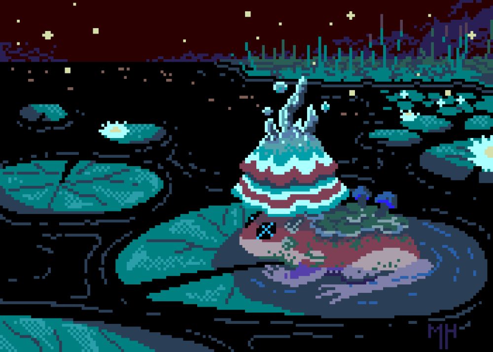 Pixel art of a frog with several types of fungi growing from its back and head. It is sitting on a lily pad in a dark lake, with a swampy background behind it.
