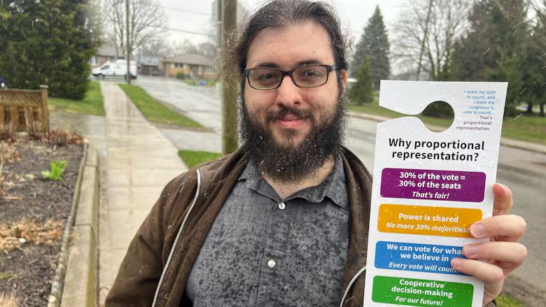 A volunteer for Fair Vote Canada smiles as he walks down a residential sidewalk on a grey spring day. He wears a dark hoodie and carries a stack of door hangers promoting proportional representation. A row of houses and leafless trees are visible in the background.