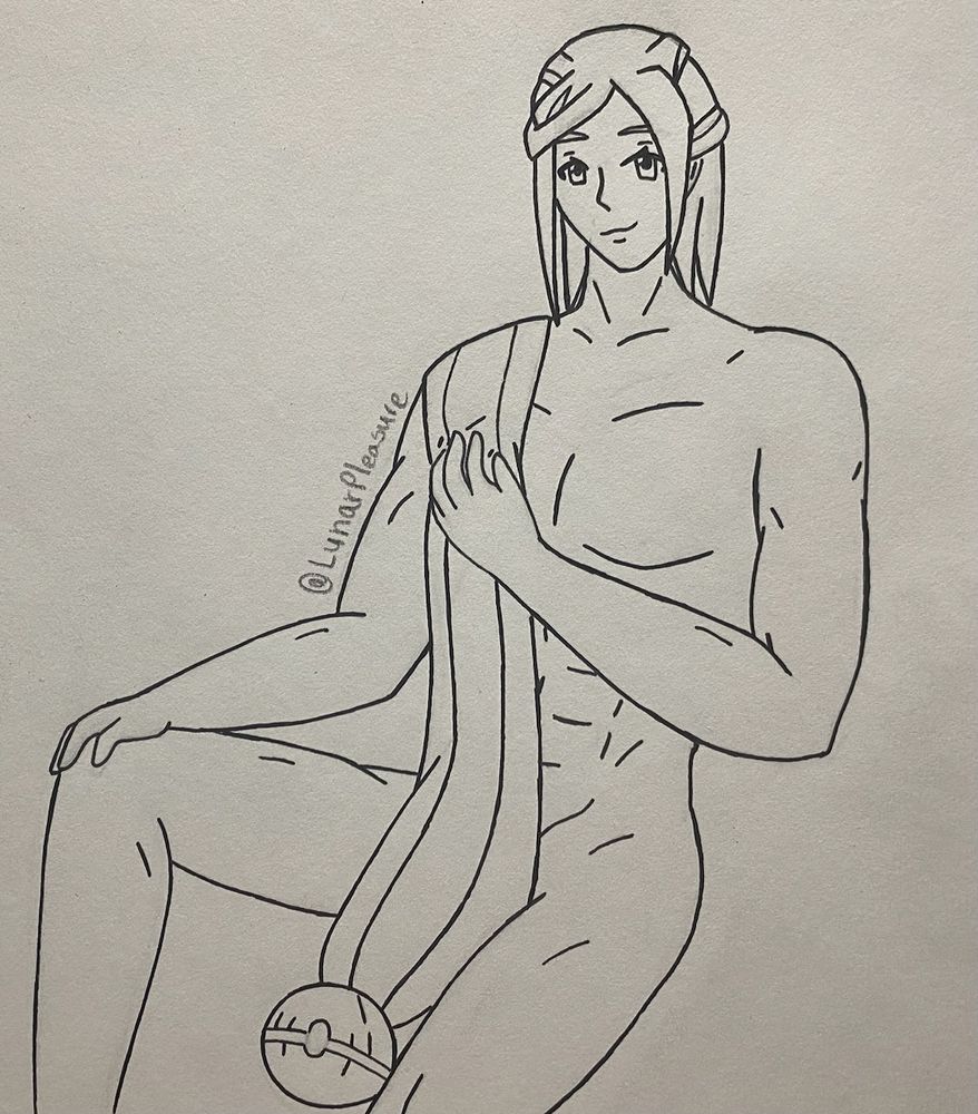 Lineart of Grusha, from Pokemon Scarlet and Violet) sitting down and covering himself with his scarf.