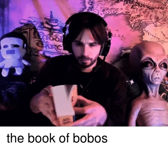 gif of vinny rapidly reading a book backwards, captioned "the book of bobos". the grey leno plush in the background is now shirtless.