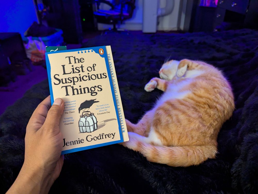 Vio is in bed, reading "The List of Suspicious Things" by Jennie Godfrey. Orange kitty Charlie is snoozing comfortably next to him.
