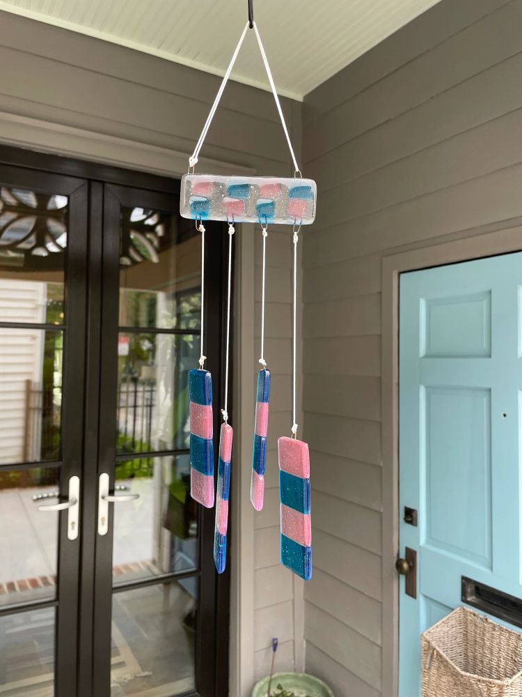 #art #glass #fused #fusedglass #warm #kiln #fired #pink #turqouise #crafts #craftsman #artisan #wind #chime #chimes #sun #catcher #suncatcher