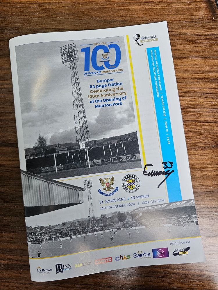 A genuine match programme from St Mirren's glorious late victory over St Johnstone on 14th December 2024, signed by young forward Evan Mooney in commemoration of his first professional goal. Ooft!