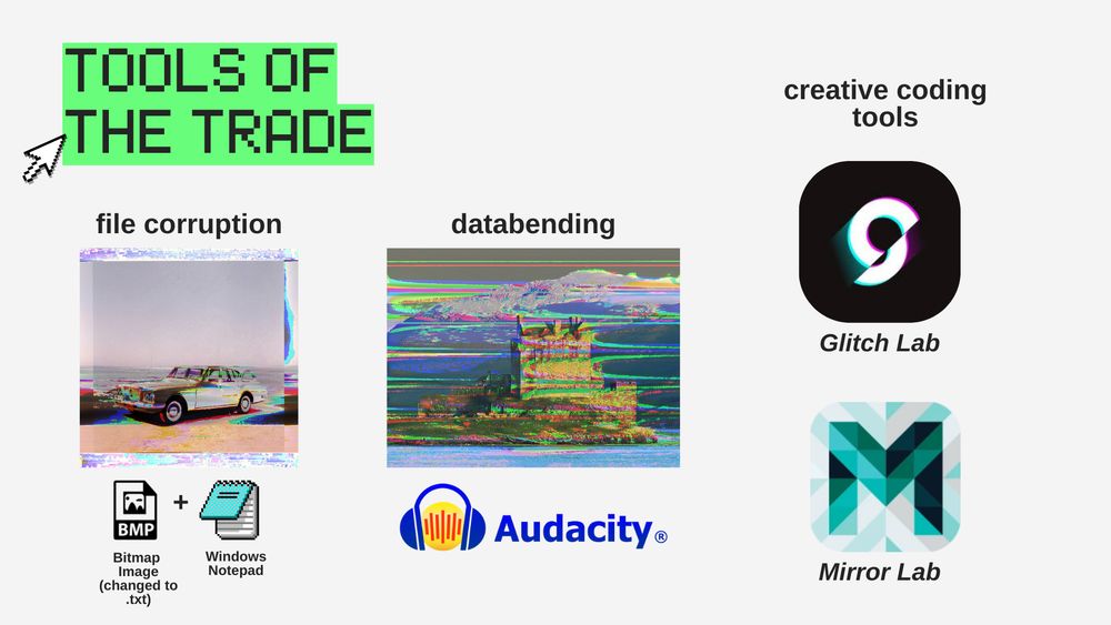Slide sharing some tools of the trade for glitch art including file corruption, databending, and creative coding tools like Glitch Lab and Mirror Lab 
