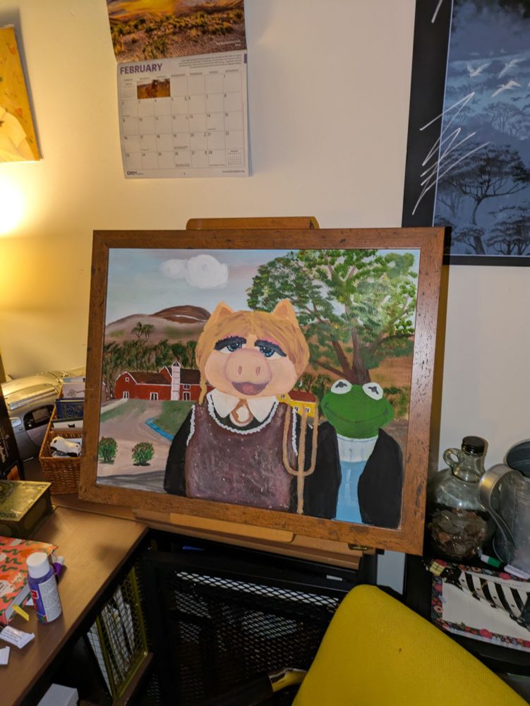 Thrift store painting of a farm updated with Kermit and Miss Piggy of the muppets