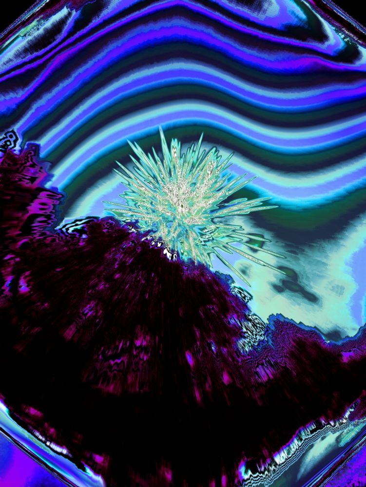 Blue and purple abstract glitch art of fireworks over a tree