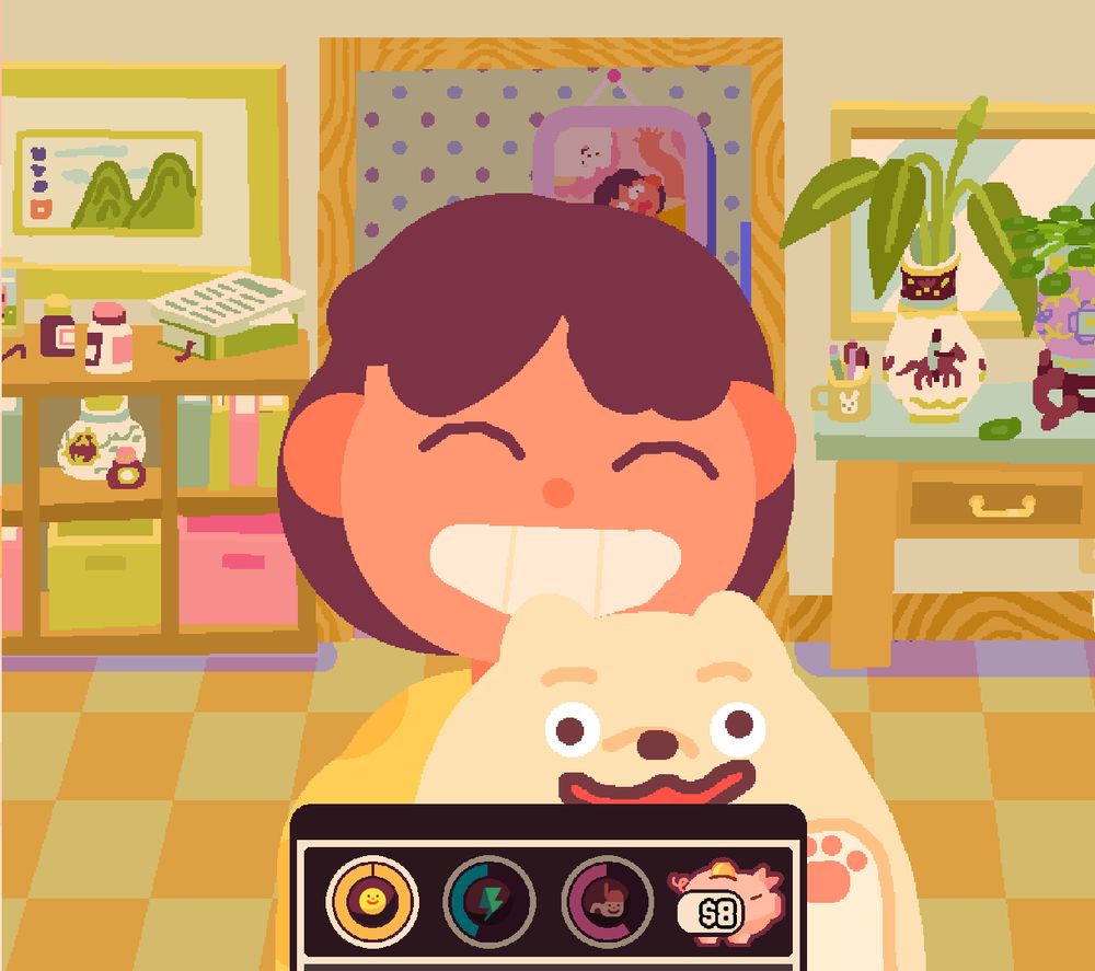 colourful illustration of a grinning girl holding a goofy dog