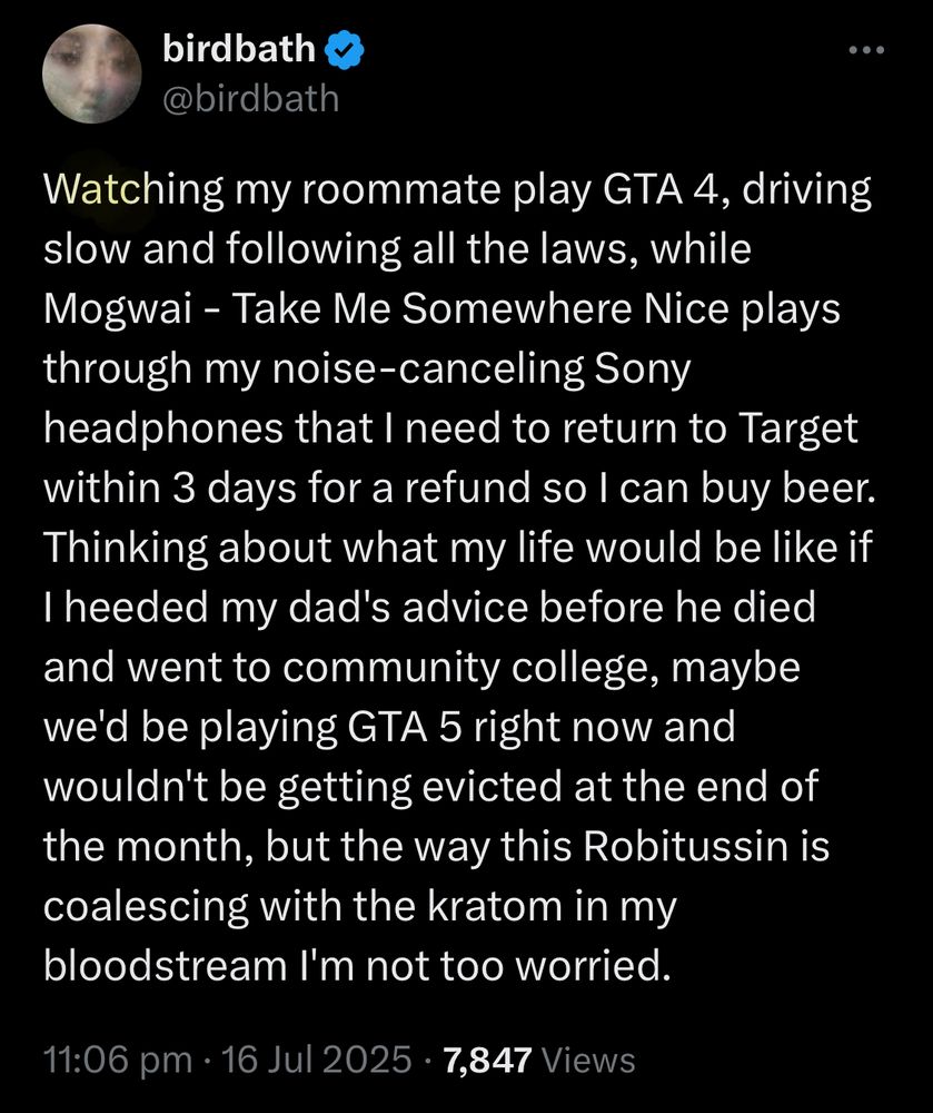birdbath post screenshot

Watching my roommate play GTA 4, driving slow and following all the laws, while Mogwai - Take Me Somewhere Nice plays through my noise-canceling Sony headphones that I need to return to Target within 3 days for a refund so I can buy beer.
Thinking about what my life would be like if I heeded my dad's advice before he died and went to community college, maybe we'd be playing GTA 5 right now and wouldn't be getting evicted at the end of the month, but the way this Robitussin is coalescing with the kratom in my bloodstream I'm not too worried.