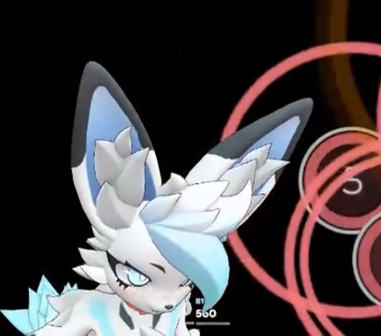 the same blue and white fox now next to some osu! gameplay, leaning heavily down and forwards, her eyes looking up but her head pointing to the ground. her mouth is barely open as well, and she has a focused expression.