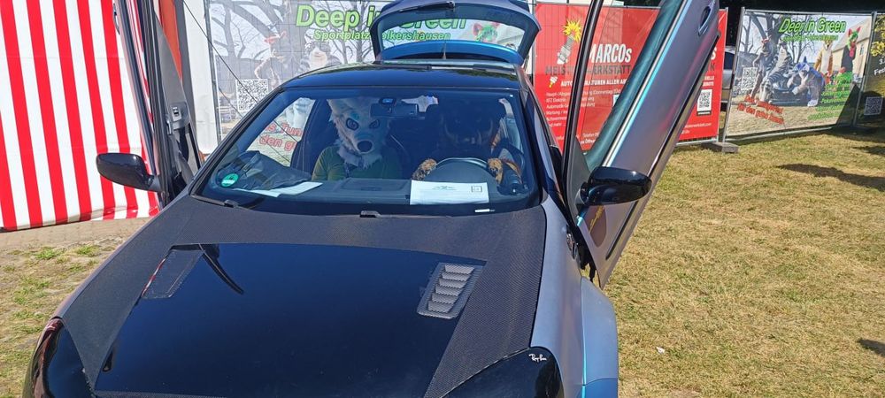 Wolf and Blue Heeler fursuiters sitting inside a customized sports car with open swinging doors, appearing to be about to hit the road at full throttle any moment.