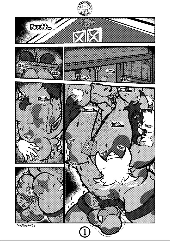 A comic page showing a closeup of Huff (my brown bull fursona), shackled form his hands and hanging from the ceiling of inside a barn. He's naked, wearing only his cowbell, and a chastity cage. His legs are kept separate by two belts tied around em, and there's a vibrating butt plug in him.

3 anonymous canines are taking advantage of the situation, by groping him and sucking on his tits and armpit. The bull is bucking his hips as much as he can, probably out of frustration that his cock is lacking attention. But unfortunately for him, the most he can get is to swing his massive balls back and forth.
