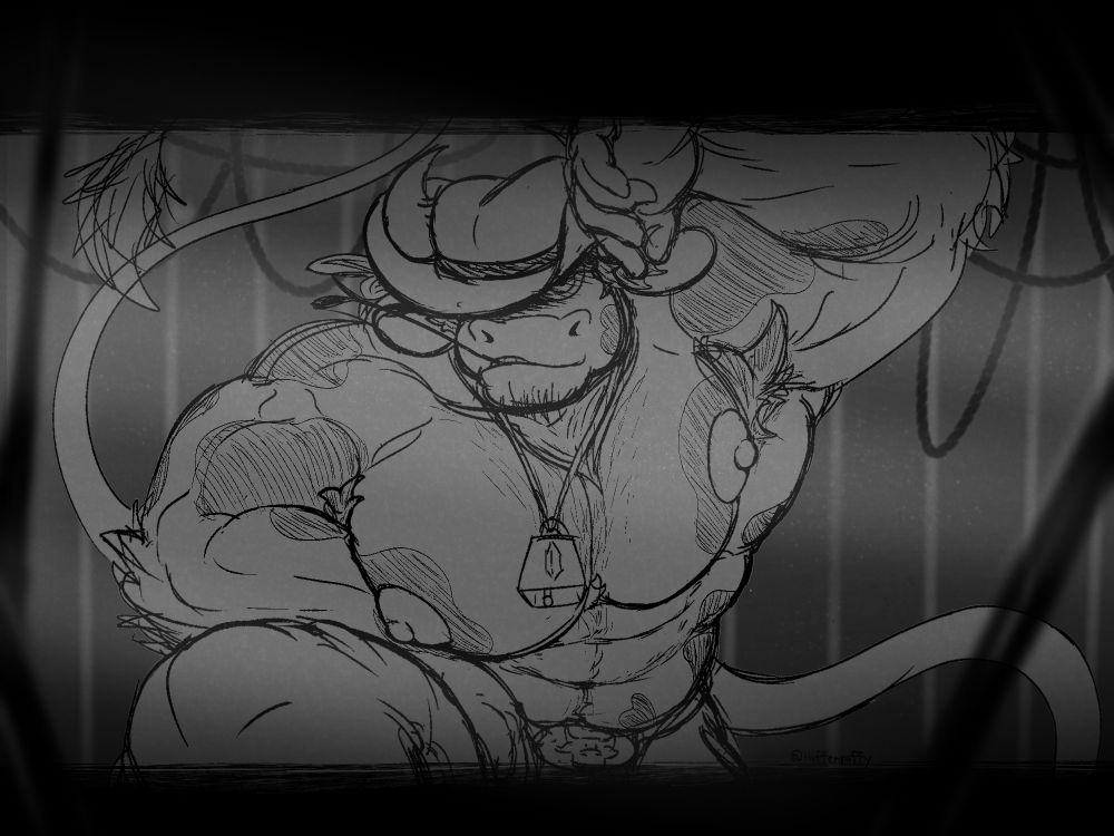 A pic of Huffy, my bull fursona, kneeling and or crouching down to look at the viewer. He's shirtless, wearing a cowboy hat, jeans, a big buckle belt, a neckerchief and his cowbell.

He's got his hat tilted to hide his eyes, letting only one of them peek out of it's shadow, giving him a bit of a menacing look. And of course, he's beefy and big titted cuz I just love men with big pecs and nipples. And of course, hairy armpits and some chest hair.

:)




tags:
furryart furry baraart bara suggestiveart
