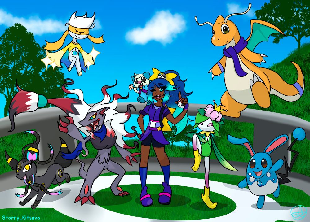My Pokémon team

From left to right: Velvie the Sylvreon (Sylveon/Umbreon), Wish the Jirade (Jirachi/Roserade), Malice the Zoroark (Unovan/Hisuian), Scout the Oshawott, Flora the Hisuian Lilligant, Calamity the Dragonite, and Zuma the Azumarill 