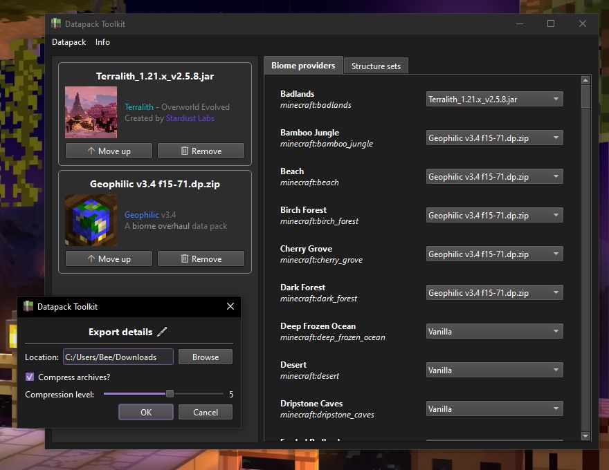 A screenshot of an app called Datapack Toolkit. There is a window showing loaded data packs and biomes, and another window showing settings for exporting modified data packs. There are options to configure which data pack should provide which biomes.