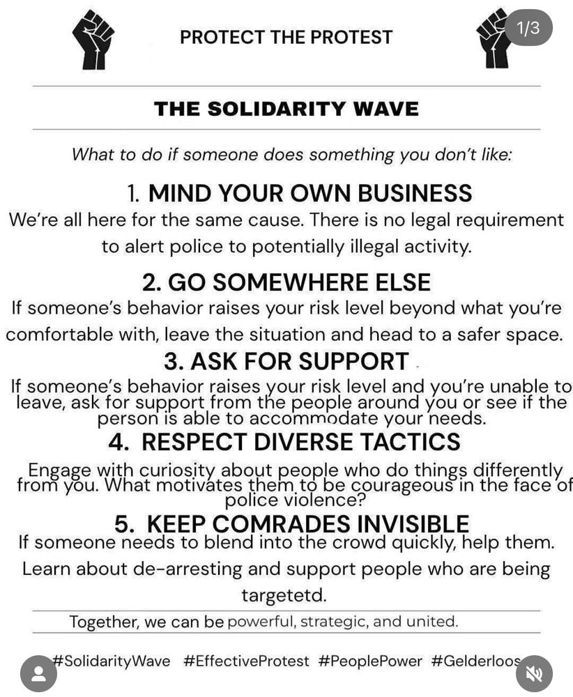 PROTECT THE PROTEST
1/3
THE SOLIDARITY WAVE
What to do if someone does something you don't like:
1. MIND YOUR OWN BUSINESS
We're all here for the same cause. There is no legal requirement to alert police to potentially illegal activity.
2. GO SOMEWHERE ELSE
If someone's behavior raises your risk level beyond what you're comfortable with, leave the situation and head to a safer space.
3. ASK FOR SUPPORT
leave, ask for sepit trome reope around you ce see tete
person is able to accommodate your needs.
4. RESPECT DIVERSE TACTICS
Engage with curiosity about people who do things differently from you. What motivates them to be courageous in the face of police violence?
5. KEEP COMRADES INVISIBLE
If someone needs to blend into the crowd quickly, help them.
Learn about de-arresting and support people who are being targetetd.
Together, we can be powerful, strategic, and united.
*Solidarity Wave #EffectiveProtest #PeoplePower #Gelderloos